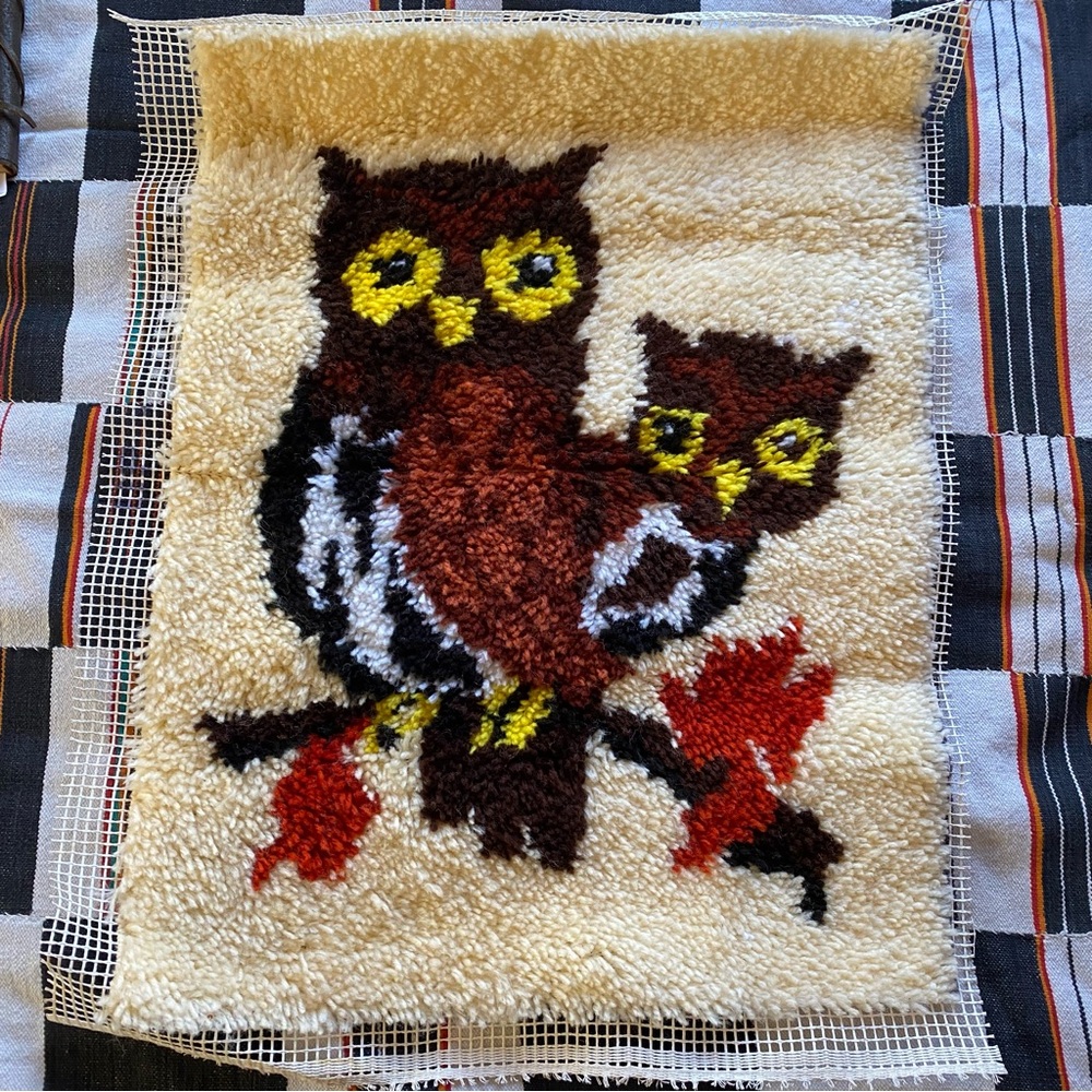 Vintage Latch Hook Owls Wall hanging. Large. Folk art. Textile art. Great shape!